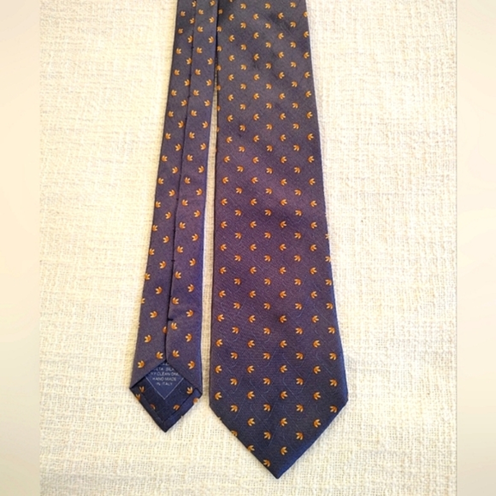Brioni Seta Silk Tie Blue With Gold Leaves FLAWS